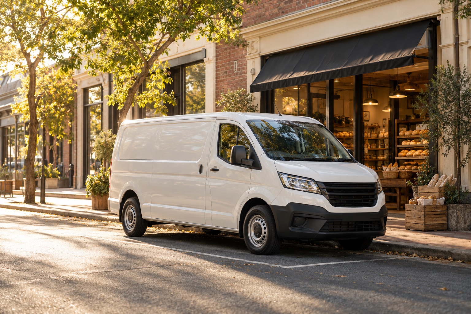 Illustrative morning delivery van outside a neighbourhood bakery